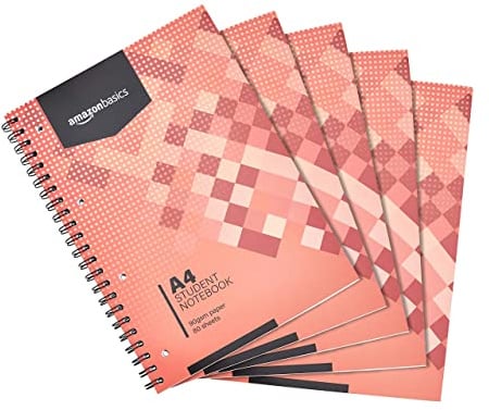Amazon Basics Spiral-Notizblock, 80 Blatt / 160 Seiten, A4, 90 GSM, 5 stück, 1er-Pack, Weiß