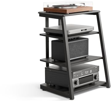 FITUEYES HiFi Rack aus Holz & Stahl, verstellbare Ablagen, 61 × 52 × 78 cm | Plattenspieler Regal, mit verstellbare Füße & Kabelmanagement, für Plattenspieler, Stereoanlagen & Kompaktanlage