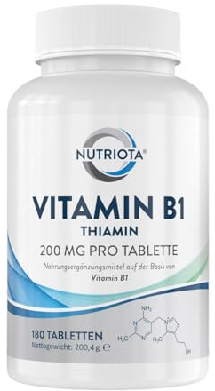Vitamin B1 (Thiamin) Hochdosiert 200 mg Tabletten - 180 Tabletten - Veganfreundlich – Von Nutriota
