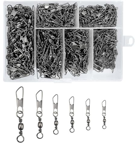 QMLING 300 Stück Wirbel Angeln Set, Angelwirbel mit Kugellagerwirbel, Angeln Wirbelkarabiner mit Sortierbox, Angelzubehör 6 Größen 5# 7# 8# 10# 12# 14#