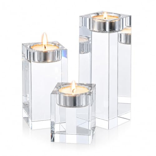 Sziqiqi Kristall Teelichthalter Deko Tisch: 14/10/6cm Kerzenständer 3er Set | Transparenter, Quadratischer Kerzenhalter, für Teelichter, für Esstisch, Couchtisch, Weihnachten, Hochzeit, Geschenk
