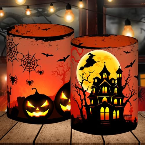 12 Windlicht Tischdeko Halloween Deko Tisch, Kürbis/Fledermaus/Hexe/Spinnennetz/Grabstein Halloween Deko Innen, Gruselig Halloweendeko Kinder Geburtstag Party Set, für Teelichter oder Kerzen