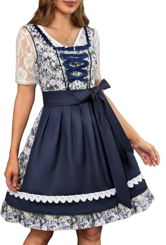 Zeagoo Dirndl Damen Midi Trachtenkleid Elegant Oktoberfest Kleider Trachtenmode Kleid 2Tlg. Deutschland Festlich Bierfest mit Schürze Blümchen Blau M