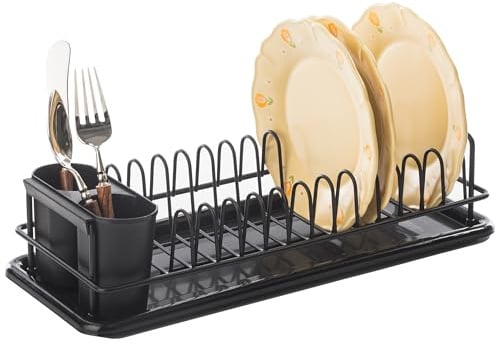 Leadfun Abtropfgestell Geschirr klein, Geschirrabtropfgestell mit Abnehmbarer Haken und abtropfschale, Geschirr abtropfständer für Spüle, bis zu 12 Teller + Besteck, 41 x 17 x 10cm (schwarz)