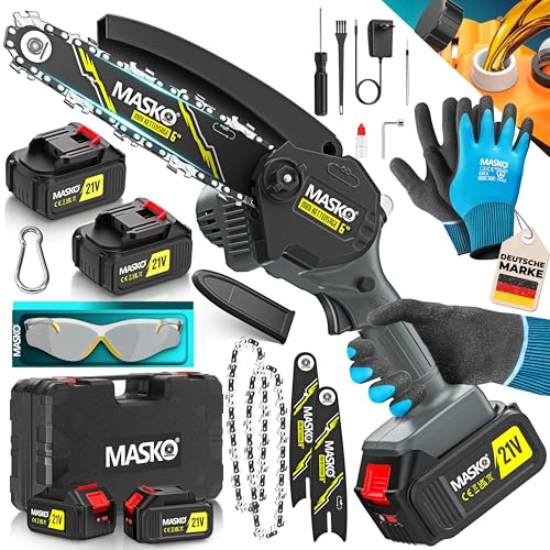 MASKO® Mini Kettensäge 800W, 6 Zoll, 8000mAh Akku | Elektrische Motorsäge mit Automatischem Ölsystem | Handkettensäge für Astschnitte & Holzarbeiten | Inkl. Koffer, 2x 4000mAh Akkus & 2x Ersatzketten