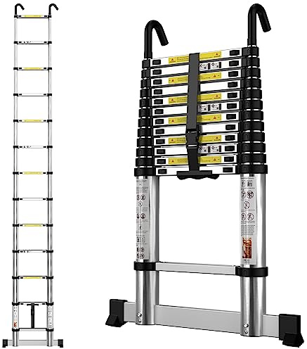 gymount Aluminium Teleskopleiter 3,8 m, Leiter Ausziehbar mit Stabilisator und Abnehmbaren Haken, Klappleiter, Mehrzweckleiter, Stehleiter, Haushaltsleiter, Außenleiter, 150 kg Belastbarkeit