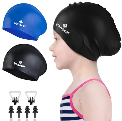 Vanocat 2 Pack Badekappe Kinder Lange/Kurze Haare, Unisex Badekappe Mädchen Jungen für Alter von 3–15 Jahren Kleinkind wasserdichte, Bademütze schwimmkappe mit Ohrstöpseln Nasenclip