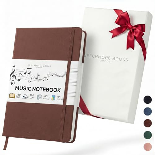 Beechmore Books Notenbuch A4 (21,6 × 29 cm) – 156 Seiten, 120 g/m² | Hardcover aus Veganleder, Perforierte Notenzeilen, Lay-Flat, Geschenkbox für Musiker, Komponisten, Lehrer