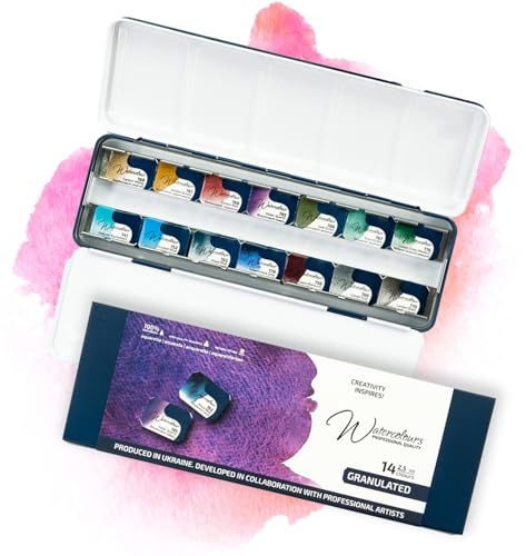 7 Artists Granulierende Aquarellfarben Set – 14 x Näpfchen Rosa Gallery Aquarell | Professionelle Aquarell Set in Metallkasten | Hochwertig Künstler Aquarellkasten | Aquarellfarbe Wasserfarben