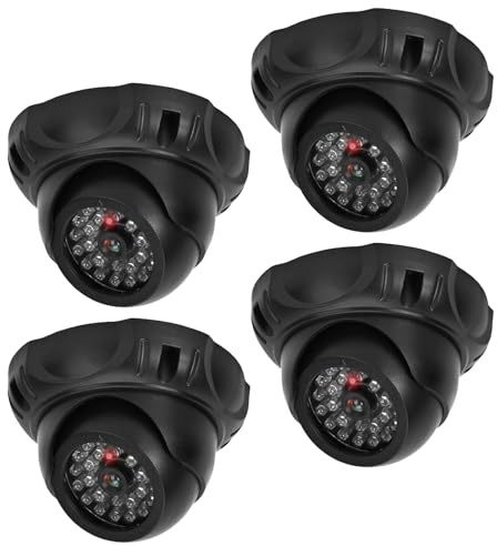 PORFOYO Kamera Attrappe, 4X Fake Überwachungskamera Dummy, Rot Blinkende LED, Drehbar 360° Für Innen & Außen, Inklusive CCTV Warnschilder