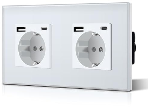 BSEED Doppelt Schuko Wand Steckdose mit USB & Typ C Glas 3 in 1 Unterputz Steckdosen 2 Weg mit 2.1 A USB Ladeleistung und Typ C Adapter Aufladestation Verlängerungssteckdosen 157mm Weiß