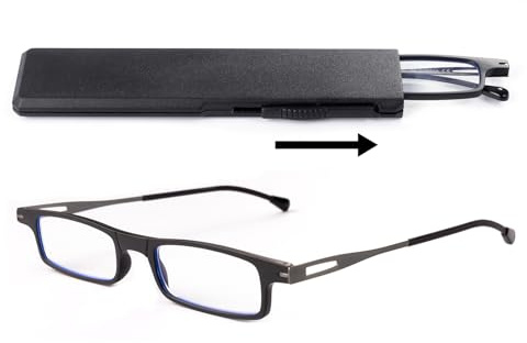 OKH Blaulichtblockierende Ultradünne Leichte Lesebrille für Damen und Herren, Anti-Augen-Überanstrengung, Kompakte Lesebrille mit Tragbarem Dehnbarem Flachem Gehäuse (Schwarz, 2,0)
