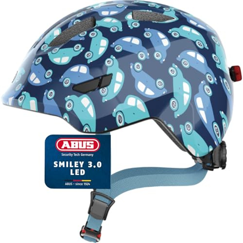 ABUS Kinderhelm Smiley 3.0 LED - Fahrradhelm mit Licht - tiefe Passform & Platz für einen Zopf - für Mädchen und Jungs - Blau mit Auto-Muster, Größe M