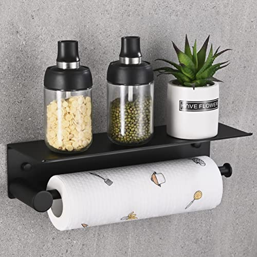 HANFU Küchenrollenhalter Wandmontage, Küchenpapierhalter Ohne Bohren | Küchenkrepp Papierrollenhalter, Aluminium Rollenhalter Küche mit Aufbewahrung Geräumigen Regal, Küchenrollenhalter Schwarz