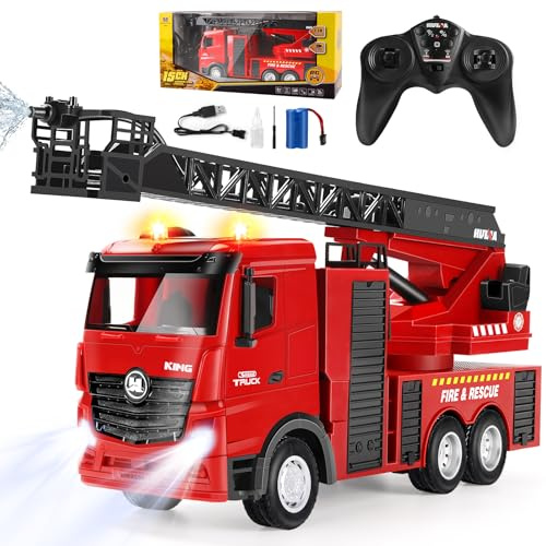 Joellfuner Feuerwehrauto Spielzeug, 1:18 15 Kanäle ferngesteuerter Feuerwehrwagen, große ferngesteuerte Feuerwehr-Spiele mit Licht, einziehbare Leiter und Wasserspritzpumpe für Kinder