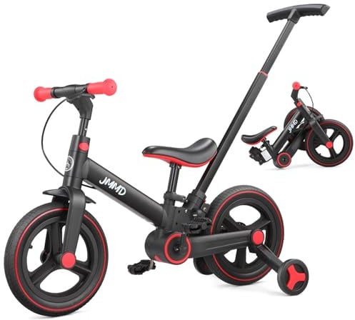 JMMD 6-in-1 Kinderfahrrad mit Stützrädern und Pedalen, Alter 18 Monate-5 Jahre, 12 Zoll Konvertierbares und Faltbares Laufrad & Fahrrad mit Verstellbarem Elternschiebegriff, Ständer, Bremsen