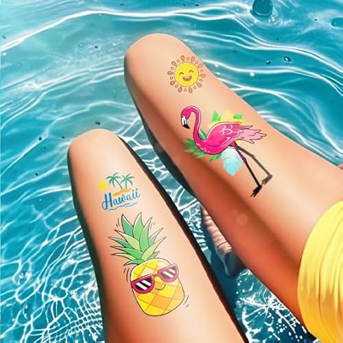 Poolparty Tattoos für Kinder, Temporäre Tattoos Erwachsene 104 Blätter | Kindergeburtstag Party Mitgebsel, Hawaii, Sommer, Beach Party Deko, Sommerferien Geschenk, Hautfreundlich, Wasserdichte