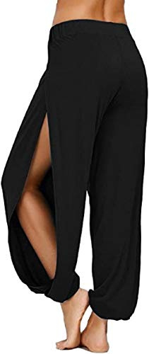ASKSA Damen Hochschlitzige Haremshose Frauen Hippie Split Sport Hose Fitness Stretchhose Loose Fit Yogahose Sporthose (Schwarz,L)