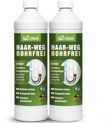 bio-chem Haar-Weg Abflussfrei – Abflussreiniger EXTRA STARK – 2x 1000 ML - Bis zu 20 Anwendungen je Flasche Rohrreiniger – Extrem effektiver Abflussöffner & materialschonend - Made in DE