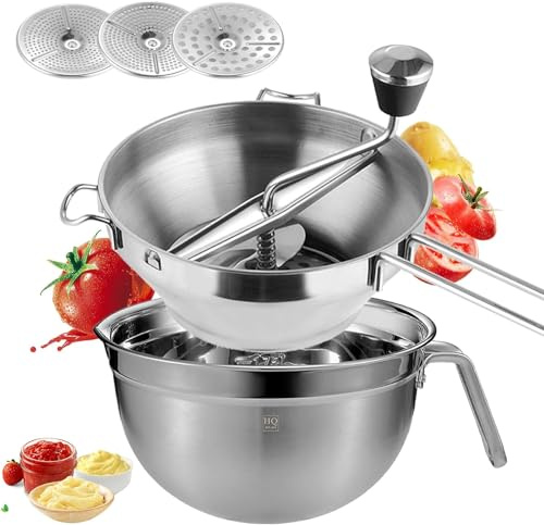 Edelstahlmühle mit 3 Siebeinsätzen, Edelstahl-Passiermühle mit Gourmet-Schüssel, für Konfitüre, Pürees, Suppen, Saucen und Babynahrung, multifunktionale Rührschüssel, Salatschüssel
