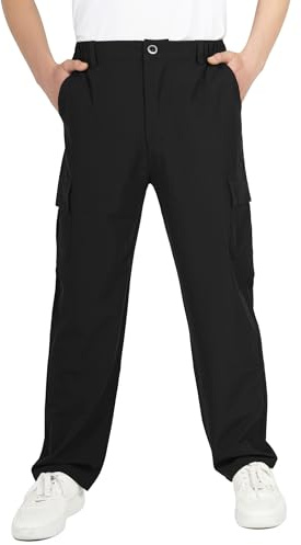ALXHUTE Jungen Cargohose Kinder Wasserdicht Hosen Elastische Taille Outdoorhose Freizeithose Cargo Hose Schwarz 146-152 Größe 150