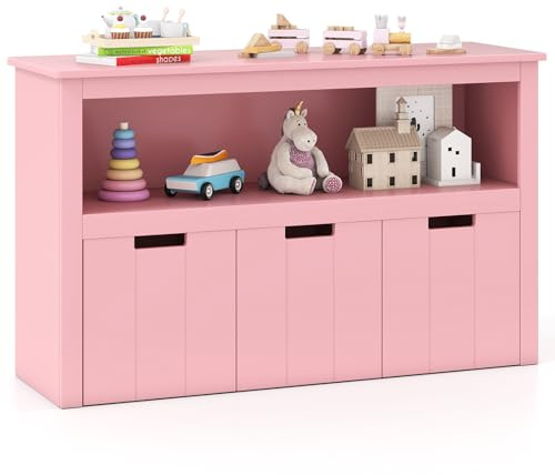 COSTWAY Spielzeugschrank für Kinder, Kommode mit 3 Schubladen, Spielzeug-Organizer für Kinderzimmer & Wohnzimmer, Aufbewahrungsschrank Holz (Rosa, 102 x 33 x 62 cm)