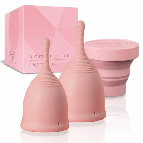 HOMENATUR Menstruationstasse - Set mit 2 Menstruationstassen in Größen S und L und Zusammenklappbarer Sterilisator - Medizinisches Silikon - WiederverwendBar, Bequem und Sicher - Multifunktional