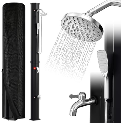 Eulenke Solardusche 40L Solar Gartendusche mit 360°Regenduschkopf, Wasserhahn und handbrause, Warmes Wasser Max. 60℃, ohne Stromanschluss, Pooldusche mit Schutzhaube-Ablassschraube, Schwarz