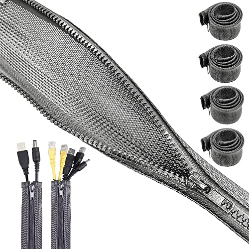 4 Kabelschläuche mit Reißverschluss, 1,5 m, Silbergrau | Vier silbergraue Schläuche à 1,5 m mit Reißverschluss und 20–25 mm Durchmesser für Kabelmanagement an PC und Schreibtisch.