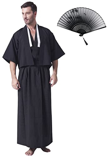 KRUIHAN Japanischer Kimono Männer Yukata Kimono Robe Japanische Traditionelle Samurai Uniform Cosplay Kostüm Japanischer Stil Kleidung Haori Jacke Top Hakama Rock Set,Einheitsgröße,Schwarz
