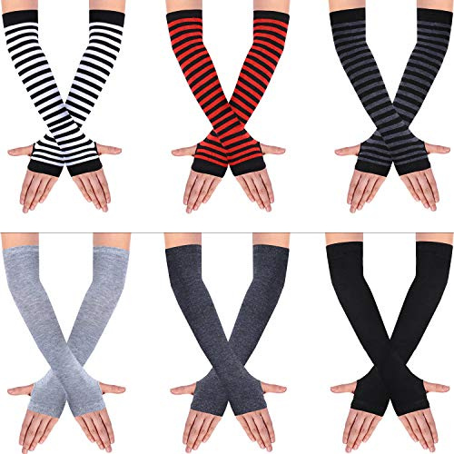 SATINIOR 6 Paare Frauen Lange Fingerlose Handschuhe Stricken Armwärmer Daumenloch Dehnbare Handschuhe (Streifen- und einfarbige Serie)