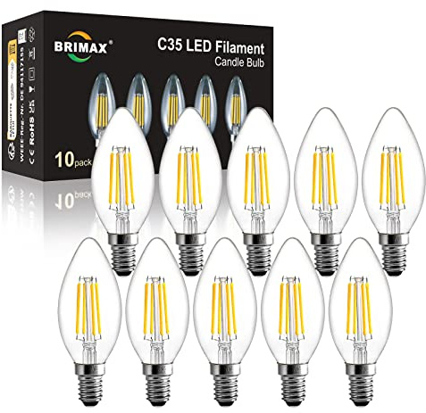 BRIMAX 10 Stück Dimmbar LED Filament C35 E14 Kerzen-Leuchtmittel 4W, 2700K | 400LM, CRI80, Ø35x98mm Klarglas, ersetz 40W, Warmweiss Kerzenförmige Glühbirne für Haus & Gewerbe
