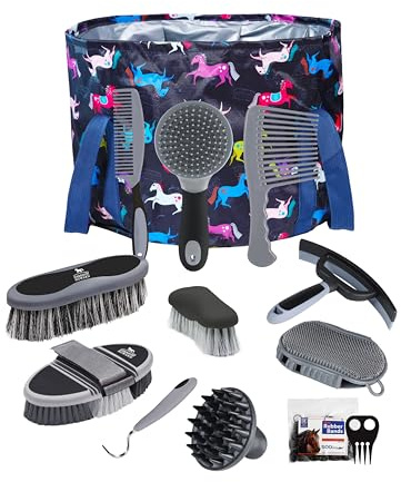 Harrison Howard Pferdepflegeset, 11-teiliges Pferdepflegeset, Pferdebürsten-Sets mit Organizer, Tragetasche, Putzzeug, Zubehör, Fellpflege, Massagewerkzeug, schwarze Pinselstrich-Ponys