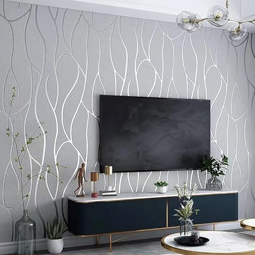 Pamatio Tapete Silber Grau Vliestapete für Wohnzimmer Schlafzimmer - 9,5 x 0,53m Leicht Glänzend Streifen Strukturiert Tapeten, Moderne Gebogene Gestreifte Wand Tapeten