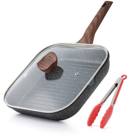 Kordisen Grillpfanne Induktion 28 cm mit Deckel – Grillpfanne mit Ausguss & Steakpfanne quadratisch, Granit Antihaftbeschichtung, für alle Herdarten, PFOA-frei