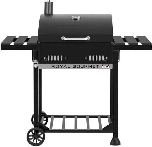 Royal Gourmet Holzkohlegrill Grillwagen mit klappbaren Seitenablagen, Smoker Standgrill mit Decekl, Thermometer, Kohlegrill Schwarz