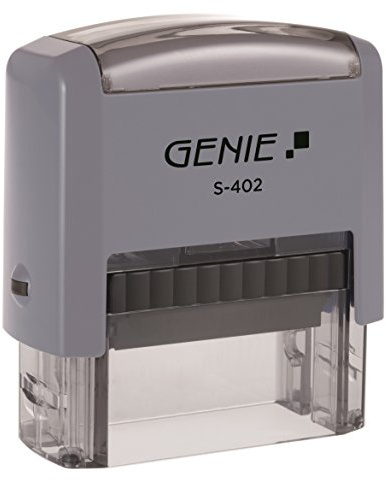 Genie S-402 Stempel Selbstfärbend Set – Individueller Textstempel bis 4 Zeilen – Adressstempel, Firmenstempel, Namensstempel – inkl. Stempelkissen & Zubehör – Schwarz/Grau