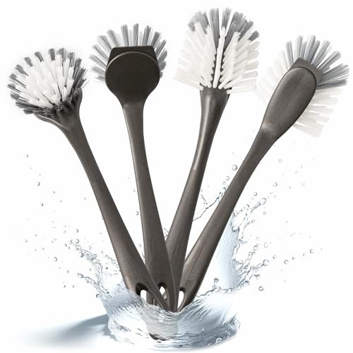 Hausfelder Spülbürsten Set Schwarz 4er – Küchenbürsten Set & Reinigungsset Küche, 2 Geschirrbürsten + 2 Abwaschbürsten, Rundkopf und Oval, spülmaschinenfest, 26-27 cm