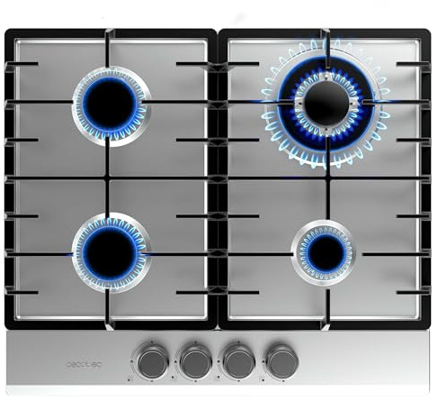Cecotec Gasherd Bolero Squad G 4200F Inox, 8000W, 4 Brenner, Edelstahl, Gusseisenroste, Triple-Crown WOK-Brenner, elektrische Zündung, Sicherheitsventilsystem