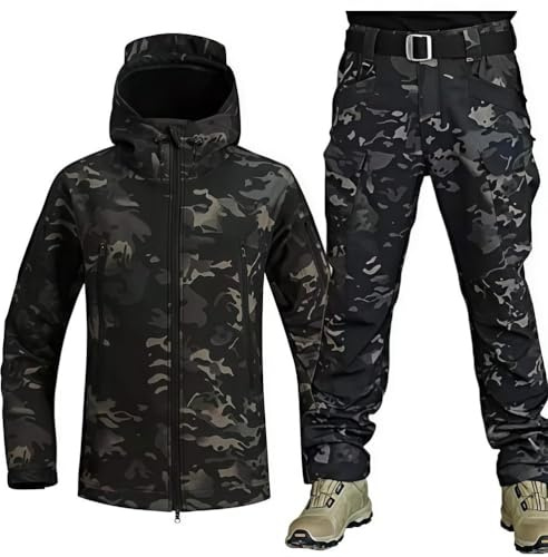 VBVARV Taktischer Softshell Anzug Herren, 2-teiliges Outdoor Set mit Jacke und Hose, windabweisend, wasserabweisend, mit Funktionstaschen, für Arbeit, Wandern und Freizeit, Armeegrün,CPblack,M