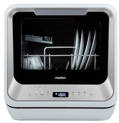 MEDION Mini Geschirrspüler DWT20 (Tischgeschirrspüler, Spülmaschine, 2 Maßgedecke, funktioniert mit/ohne Wasseranschluss, 6 Reinigungsprogramme, Babyflaschen, Startzeitvorwahl, freistehend) silber