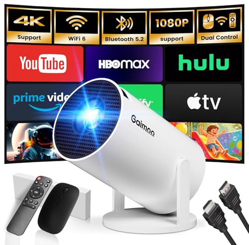 Mini Beamer 4K Full HD 1080P mit Apps Projektor, Smart Beamer mit WiFi 6 und Bluetooth 5.2 Auto Keystone 180° Drehbar Kompatibel mit HDMI/TV Stick/Memory Stick/Laptop, Weiß