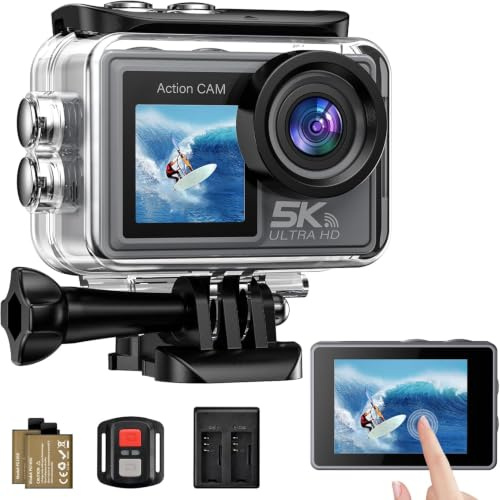 Ruycllo Action Cam 5K 4K60FPS, 50MP 30M/98FT wasserdichte Unterwasserkamera mit EIS, WiFi, 170° Ultra-Weitwinke Action Kamera mit Zubehör Set Without a microSD Card für Fahrrad, Schnorcheln, Motorrad