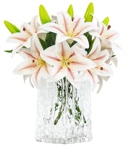 Olrla 6pcs künstliche Lilien, kurzer Stiel Fake Tiger Lily mit 12 blühenden Köpfen und 6 Knospen für Hochzeits-/Büro -Wohnkultur/Blumenarrangement/Bonquet DIY/Grab (weißer Verlauf rot)