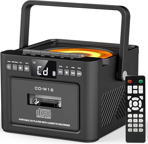 Greadio CD Player Tragbar, Boombox Kassettenspieler mit UKW Radio, Bluetooth 5.1, 5000mAh wiederaufladbare Akku, Fernbedienung, AUX/USB/SD Karte-In, 5W Lautsprecher, LED Bildschirm (Schwarz)
