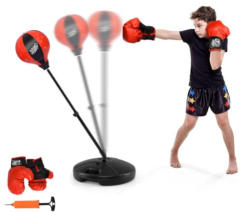 GYMAX Punchingball, Boxbirne Stehend höhenverstellbar 81-123,5 cm, Boxball stehend mit Boxhandschuhe & Pumpe, Punching Ball Stand für Kinder über 3 Jahren