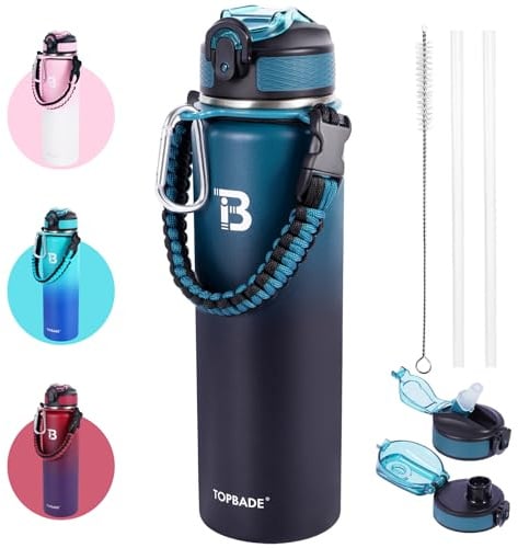 TOPBADE Edelstahl Trinkflasche 1000ml (+2 Deckel), Isolierte Wasserflasche mit Strohhalm, Auslaufsichere Isolierflasche doppelwandig mit Chug Deckel für Schule, Fitness, Outdoor(Blau Schwarz)
