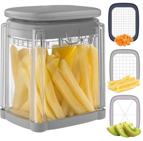 Vihoom Pommesschneider, Kartoffelschneider für Pommes Frites, Pommes Schneider mit 3 Edelstahl Klinge, Mehrzweck Gemüseschneider für Gemüse und Obst, Leicht zu Reinigen(Grau)