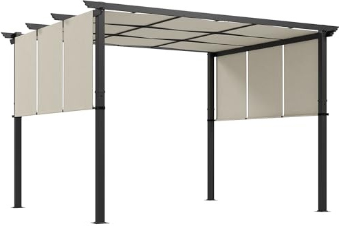 Outsunny Pergola ca. 3,5x3m Garten Pavillon mit verstellbar Dach, Terrassenüberdachung Metall Gartenpavillon Freistehend Sonnenschutz für Terrasse und Garten, Beige