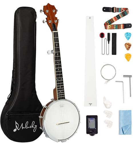 5-saitiges Banjo Mini – Mulucky 26 Zoll Reisebanjo, Korpus aus Sapele, geschlossene massive Rückseite, Anfängerset mit Gigbag, Plektren, Saiten, Gurt – B806